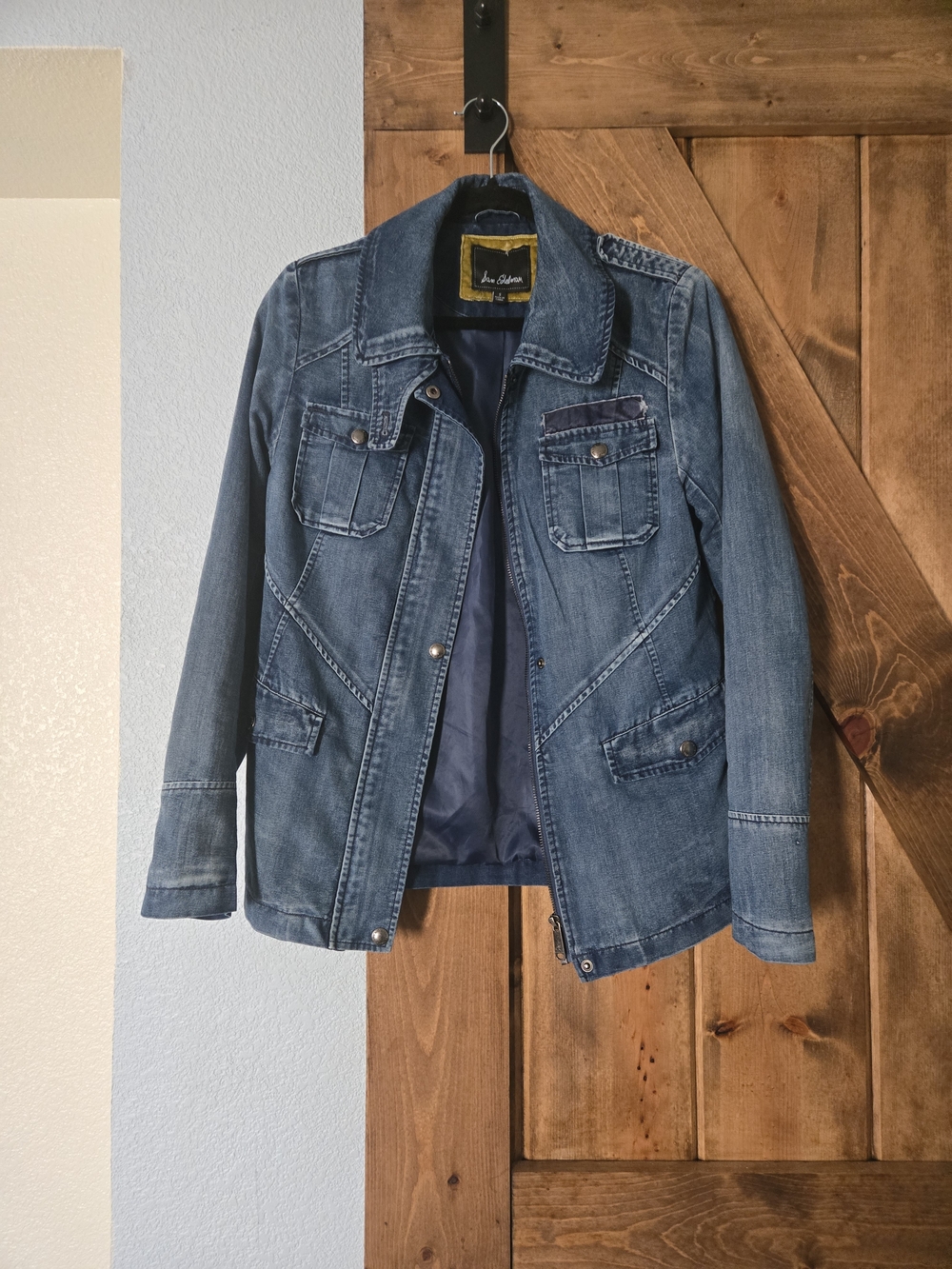 Sam Edelman Blue Denim Jacket with Yellow Label Accent